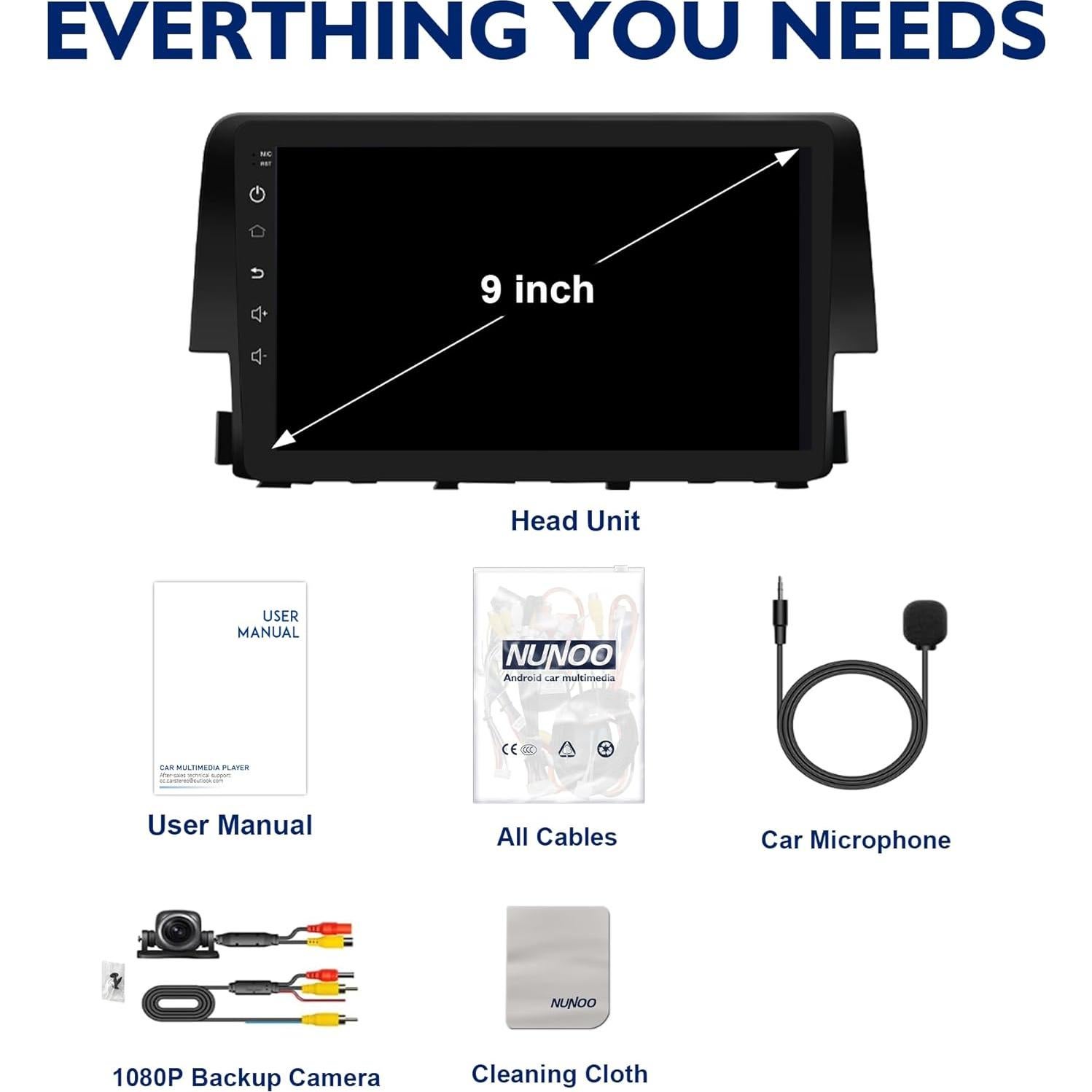 Radio de Coche Nunoo NT8-AD3-A para Honda Civic 2016-2021 9"