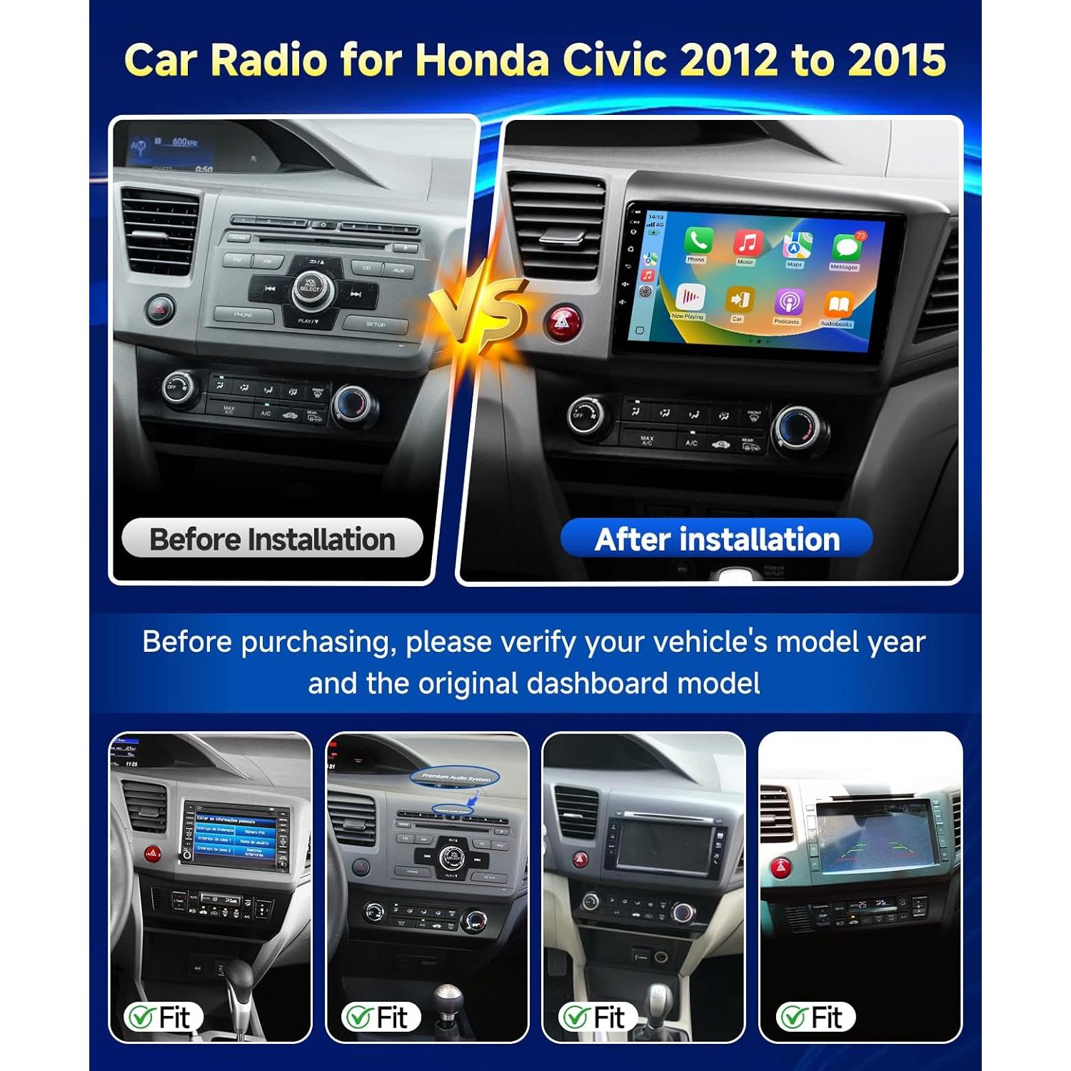 Estéreo de coche VQU para Honda Civic 2012-2015, 9" Carplay