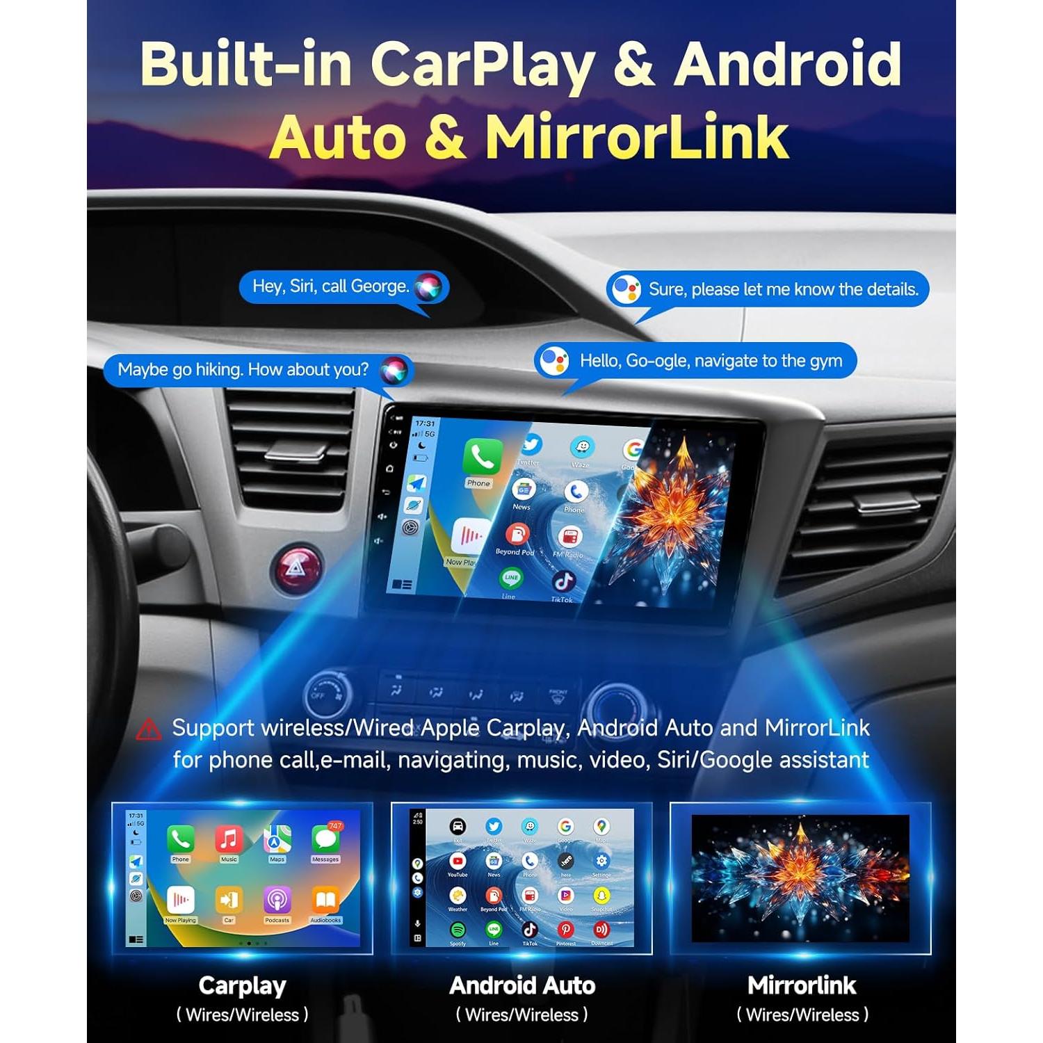 Estéreo de coche VQU para Honda Civic 2012-2015, 9" Carplay