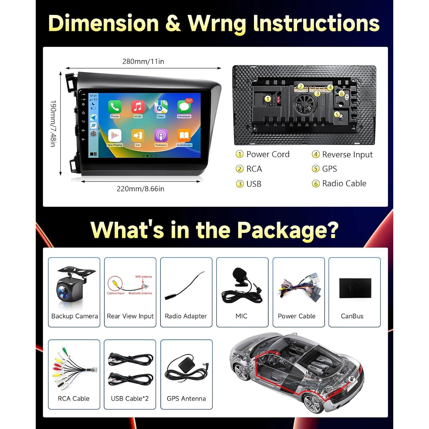 Estéreo de coche VQU para Honda Civic 2012-2015, 9" Carplay