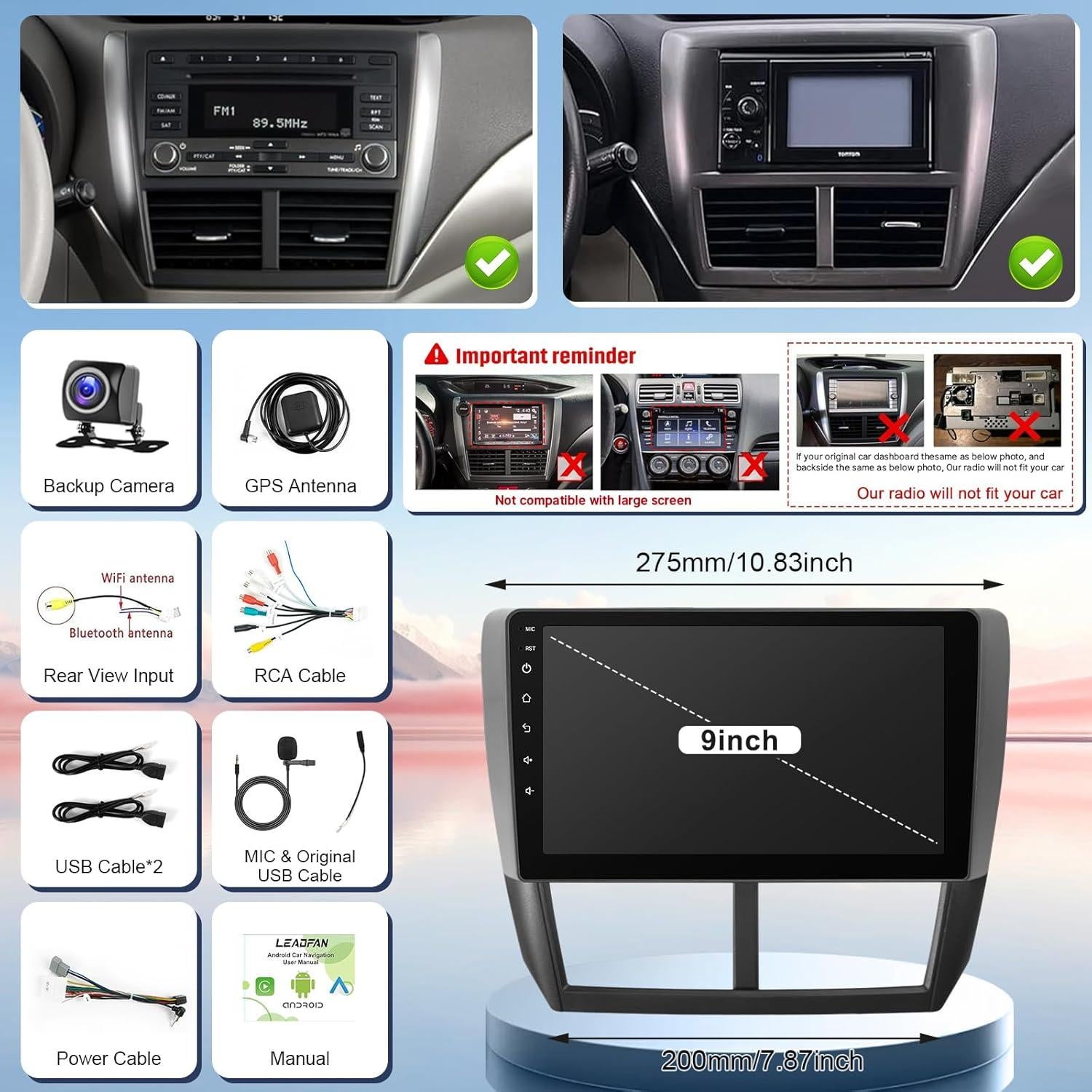 Estéreo de coche Leadfan para Subaru Forester 2008-2012 y Impreza WRX 2007-2011, 9" Pantalla táctil, CarPlay, Android Auto, GPS, Bluetooth