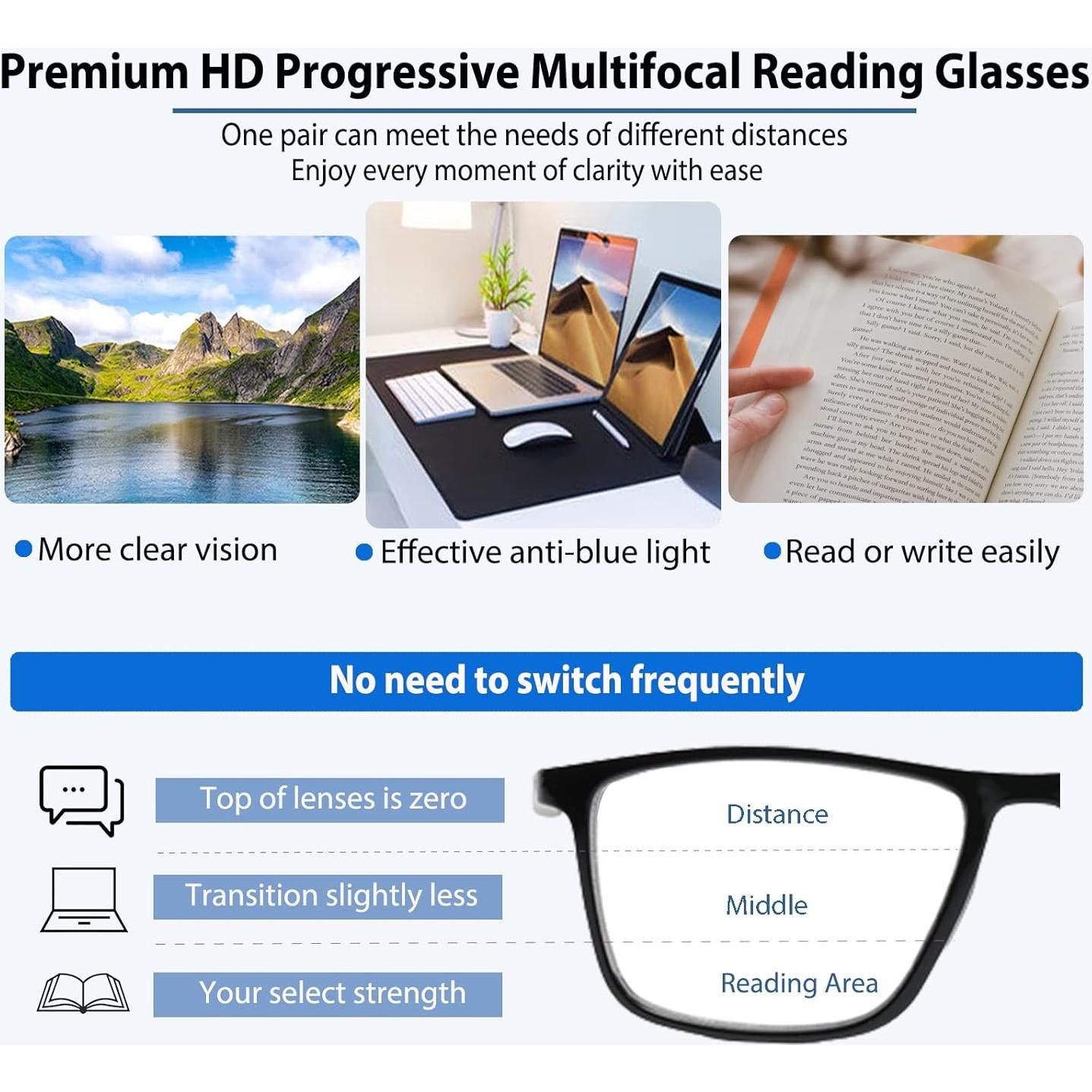 Gafas de lectura multifocal progresivas Kissoul 2.5x con bloqueo luz azul