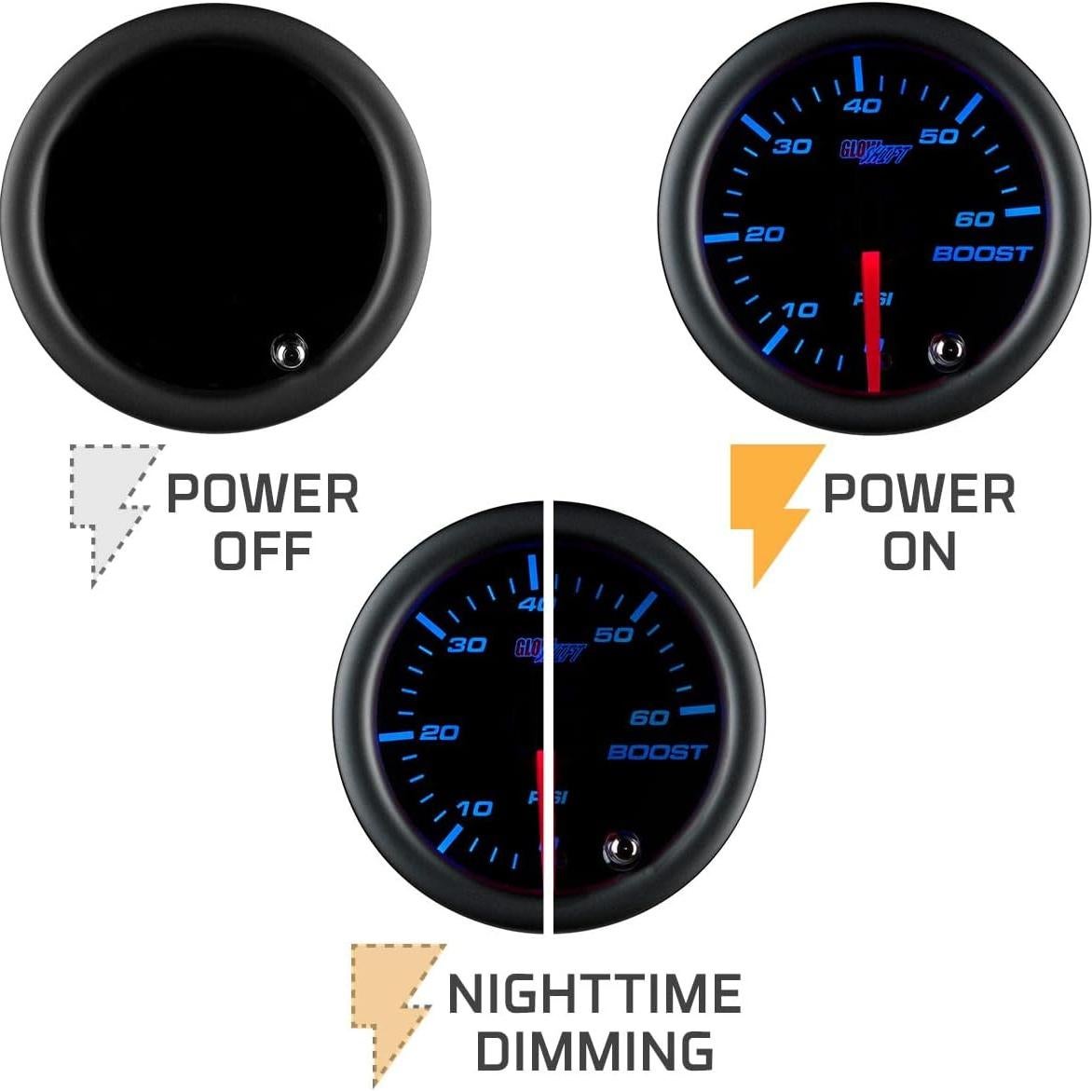 Medidor de Presión de Turbo GlowShift 60 PSI 52mm Mecánico