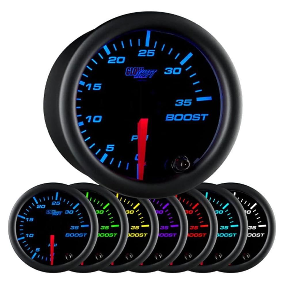 Manómetro Mecánico GlowShift 52mm 35 PSI Turbo Boost Negro