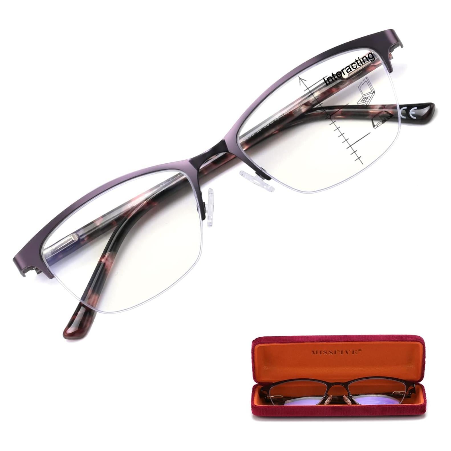 Gafas de lectura multifocal Missfive 1.5x púrpura con estuche
