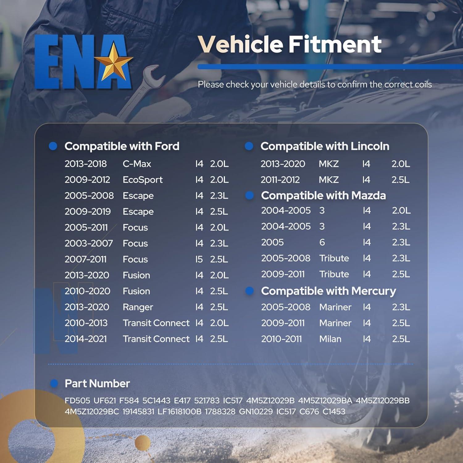 ENA Juego de 4 Bobinas de Encendido para Ford Mazda 2.0L 2.3L