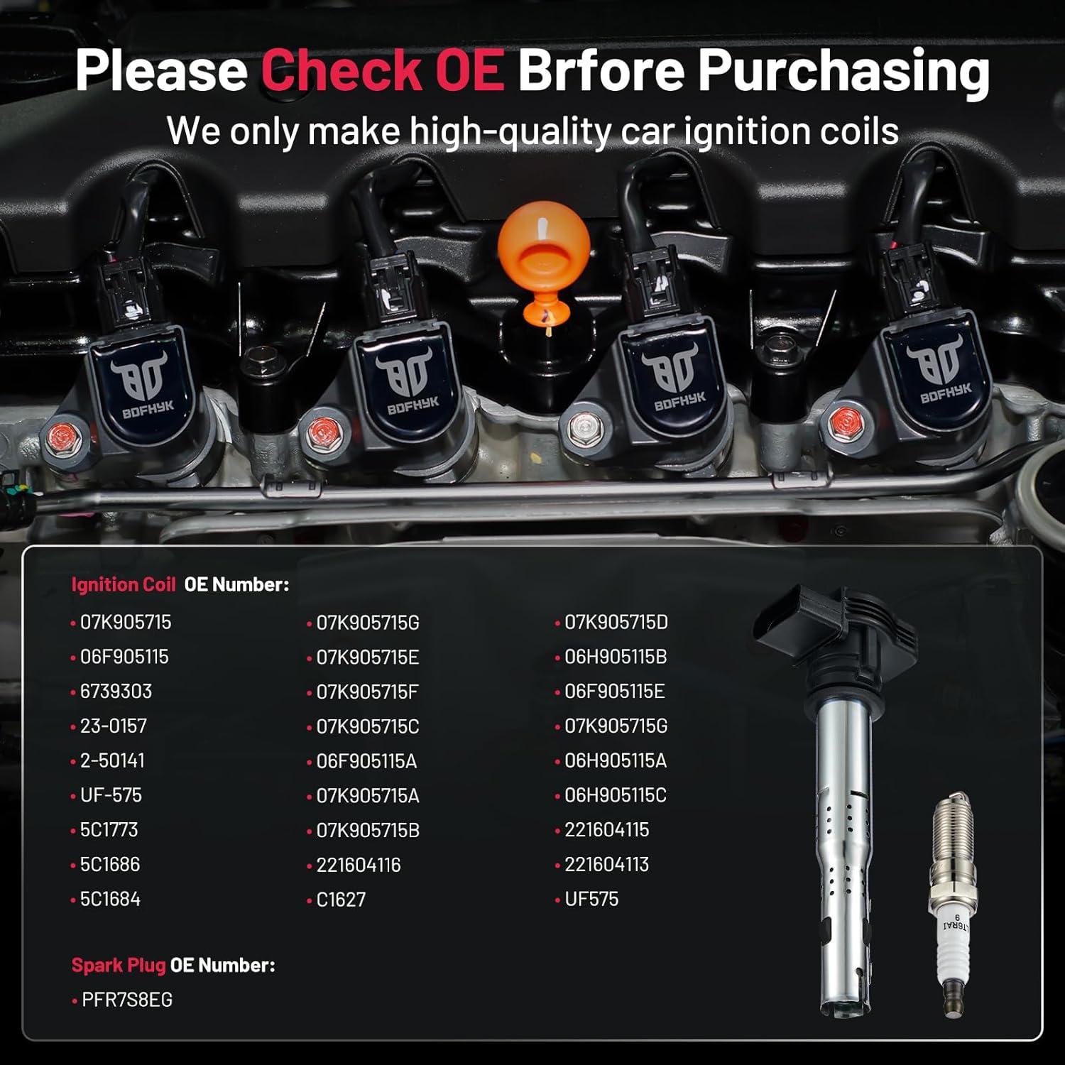 Bobinas de Encendido y Bujías de Iridio BDFHYK 4 Piezas UF575 PFR7S8EG