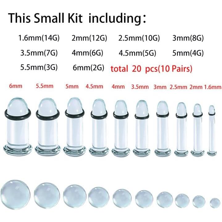 Kit de Estiramiento de Orejas de Vidrio 20PCS 1.6mm a 6mm Hipoalergénico