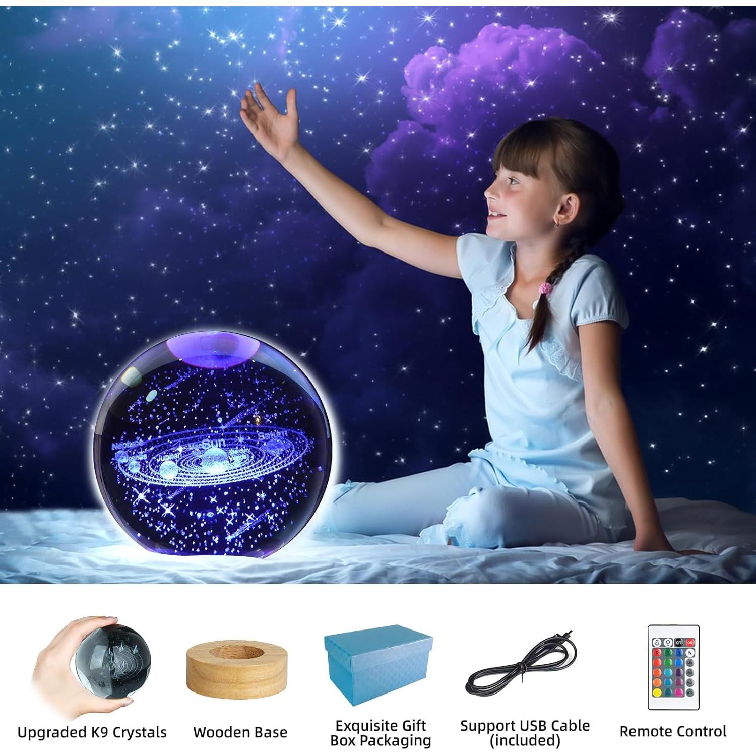 Luz Nocturna Bola Cristal 3D Sistema Solar LED 16 Colores