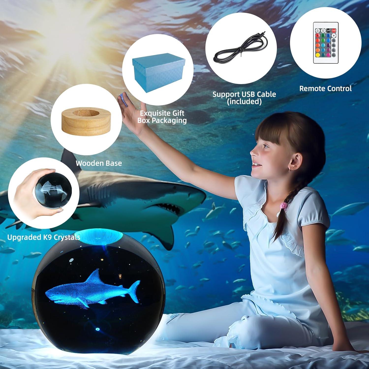 Luz Nocturna 3D Tiburón ZXBLAQ con Base de Madera LED 16 Colores