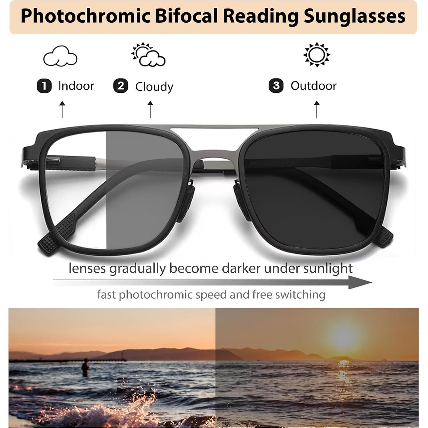 Gafas de lectura bifocales fotochromáticas 1.5x con luz azul