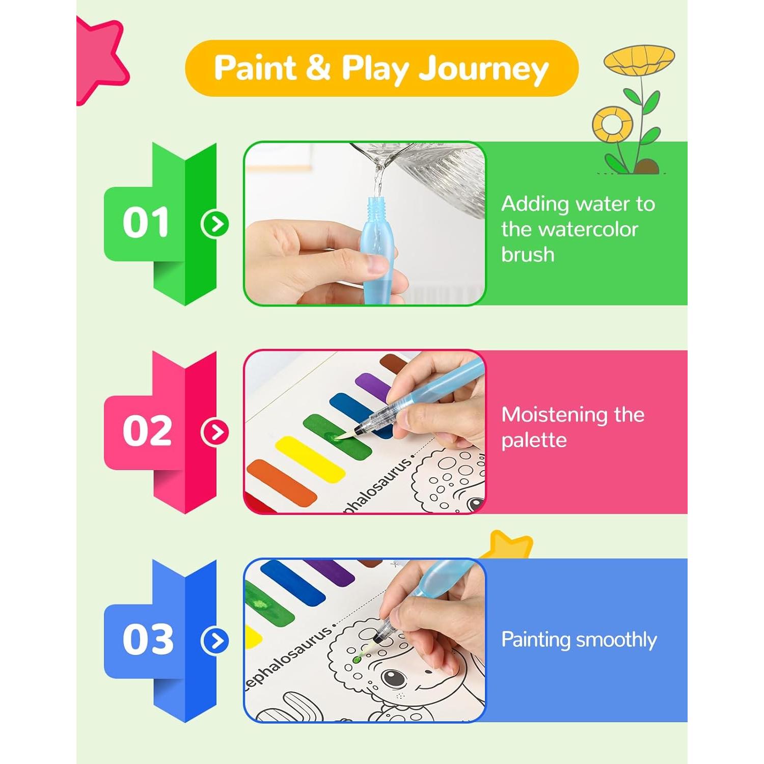 Libro de Pintura Acuarela TECJOE Dinosaurios con Pinceles