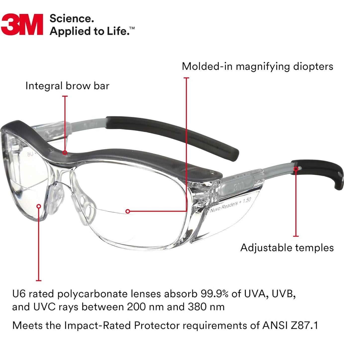 Gafas de Seguridad 3M Nuvo +1.5 Dioptría Lente Clara
