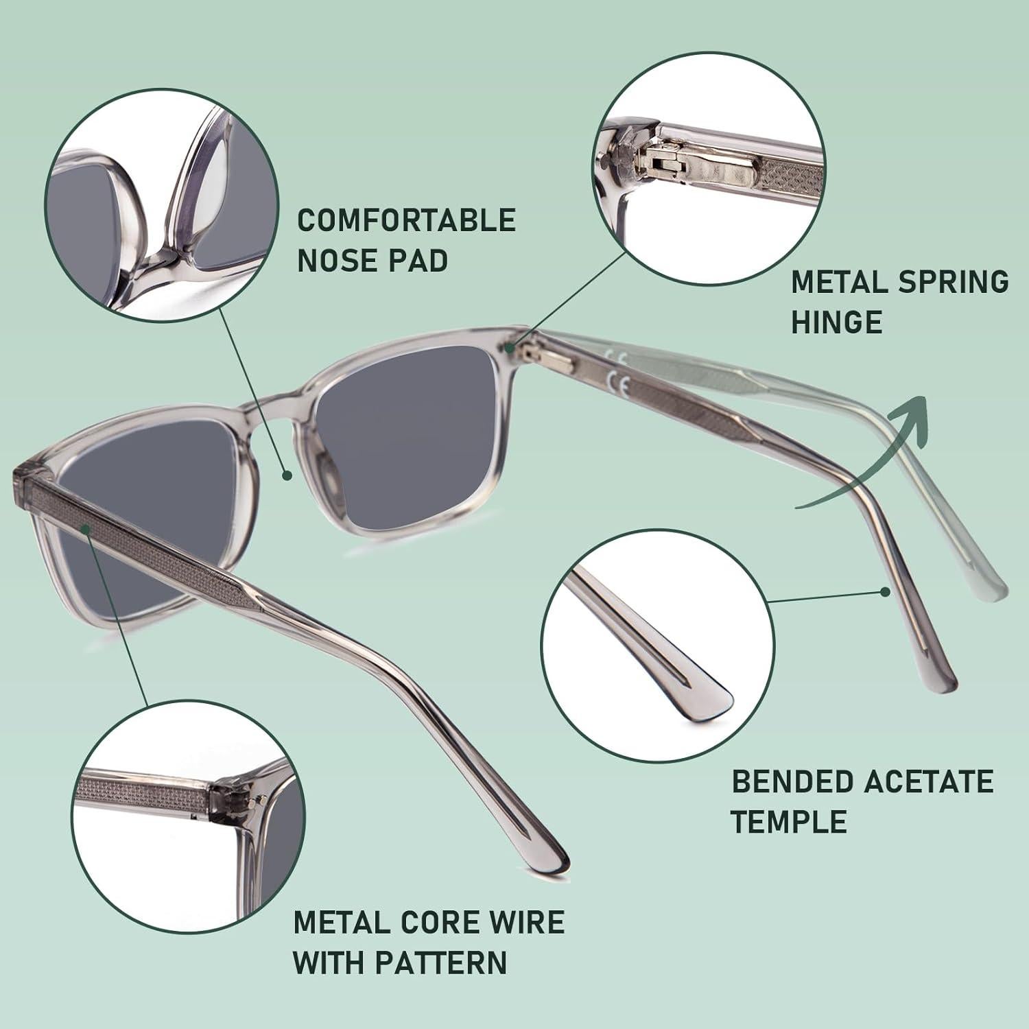 Gafas de sol progresivas UV400 para hombres Gris 2.0x