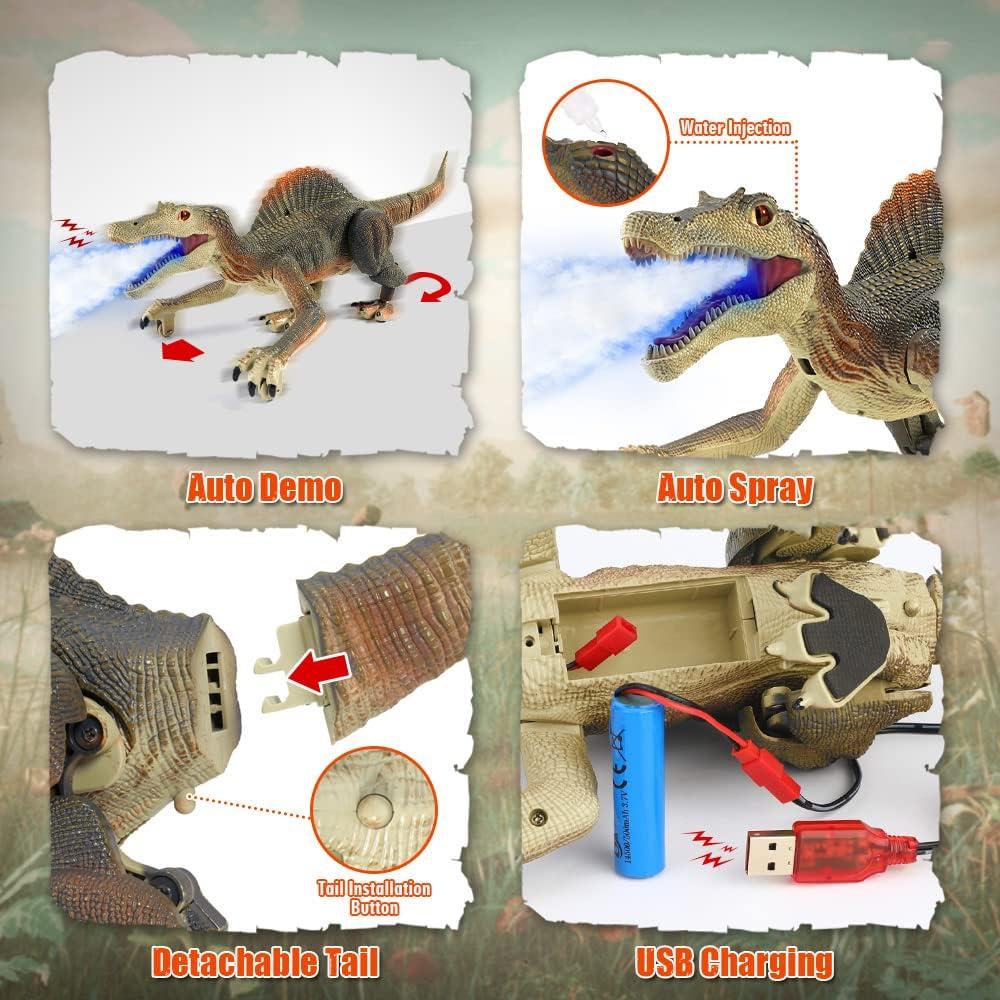 Tudou RC Walking Robotic Dinosaur Toy w/Light Chasing Remote Control, Auto Spraying and Roaring, Jurassic Spinosaurus Dinosaur Toy for Kids Boys 4-12 Years