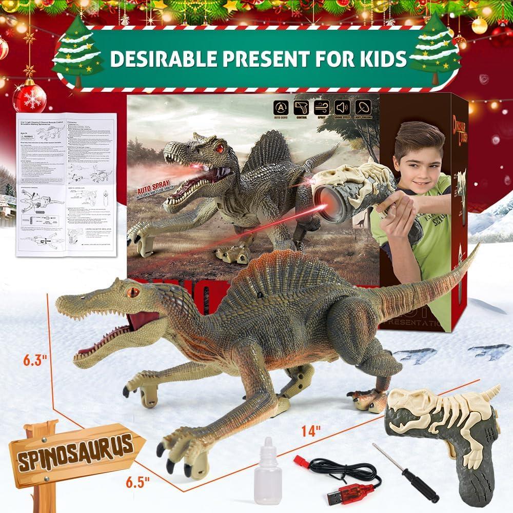 Tudou RC Walking Robotic Dinosaur Toy w/Light Chasing Remote Control, Auto Spraying and Roaring, Jurassic Spinosaurus Dinosaur Toy for Kids Boys 4-12 Years