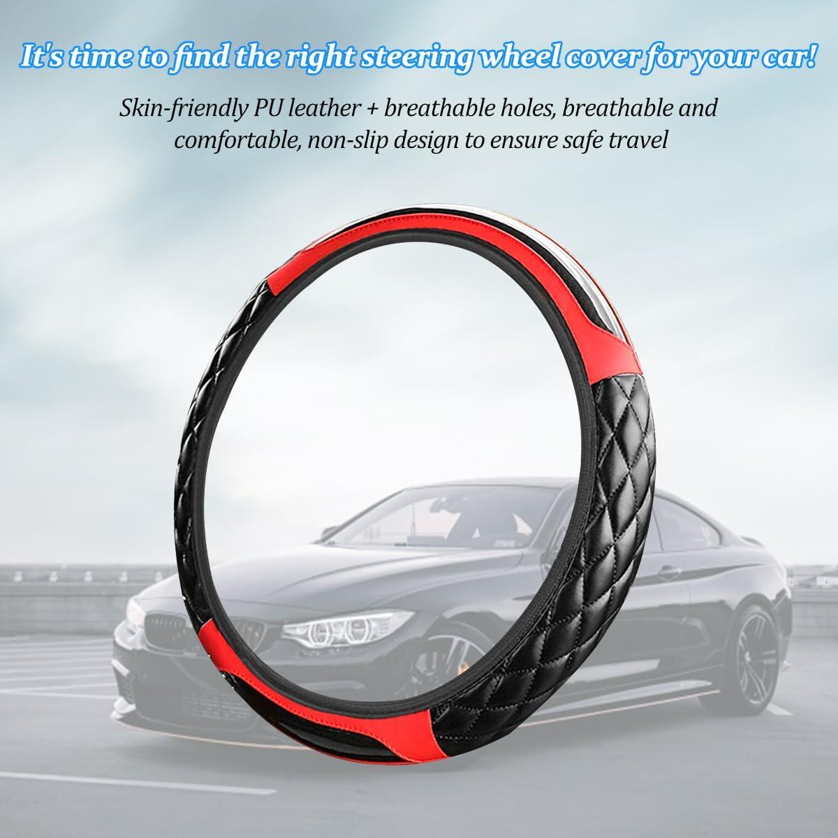 Cubierta de Volante FALVFUN 15" Cuero Sintético Antideslizante Rojo