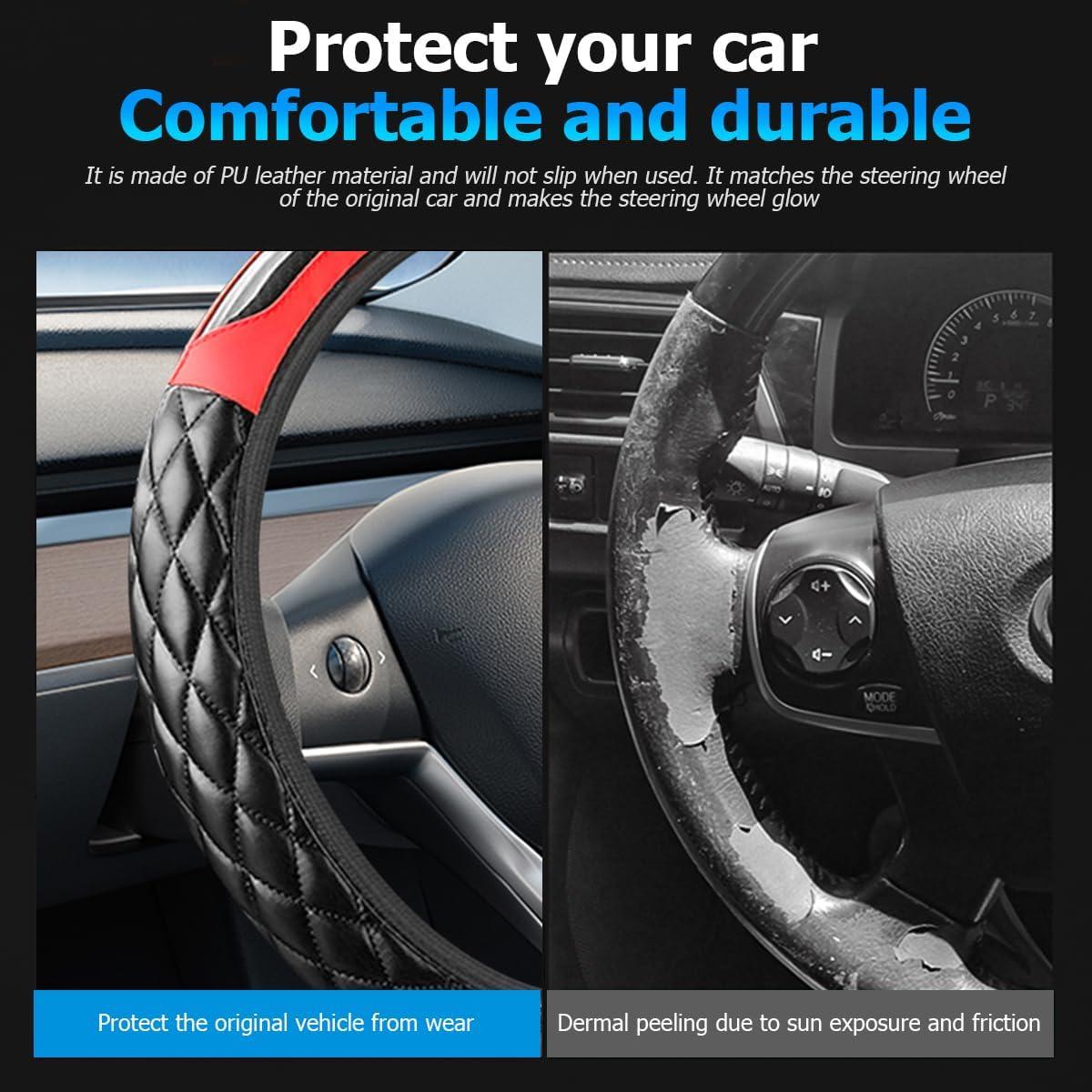 Cubierta de Volante FALVFUN 15" Cuero Sintético Antideslizante Rojo