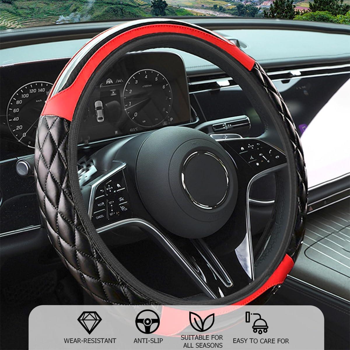 Cubierta de Volante FALVFUN 15" Cuero Sintético Antideslizante Rojo