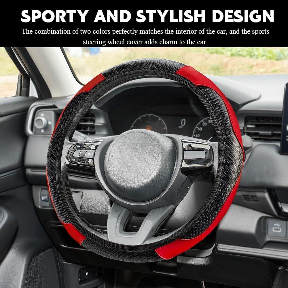 Cubierta de Volante de Coche HABNVUON 37-38cm Cuero Rojo