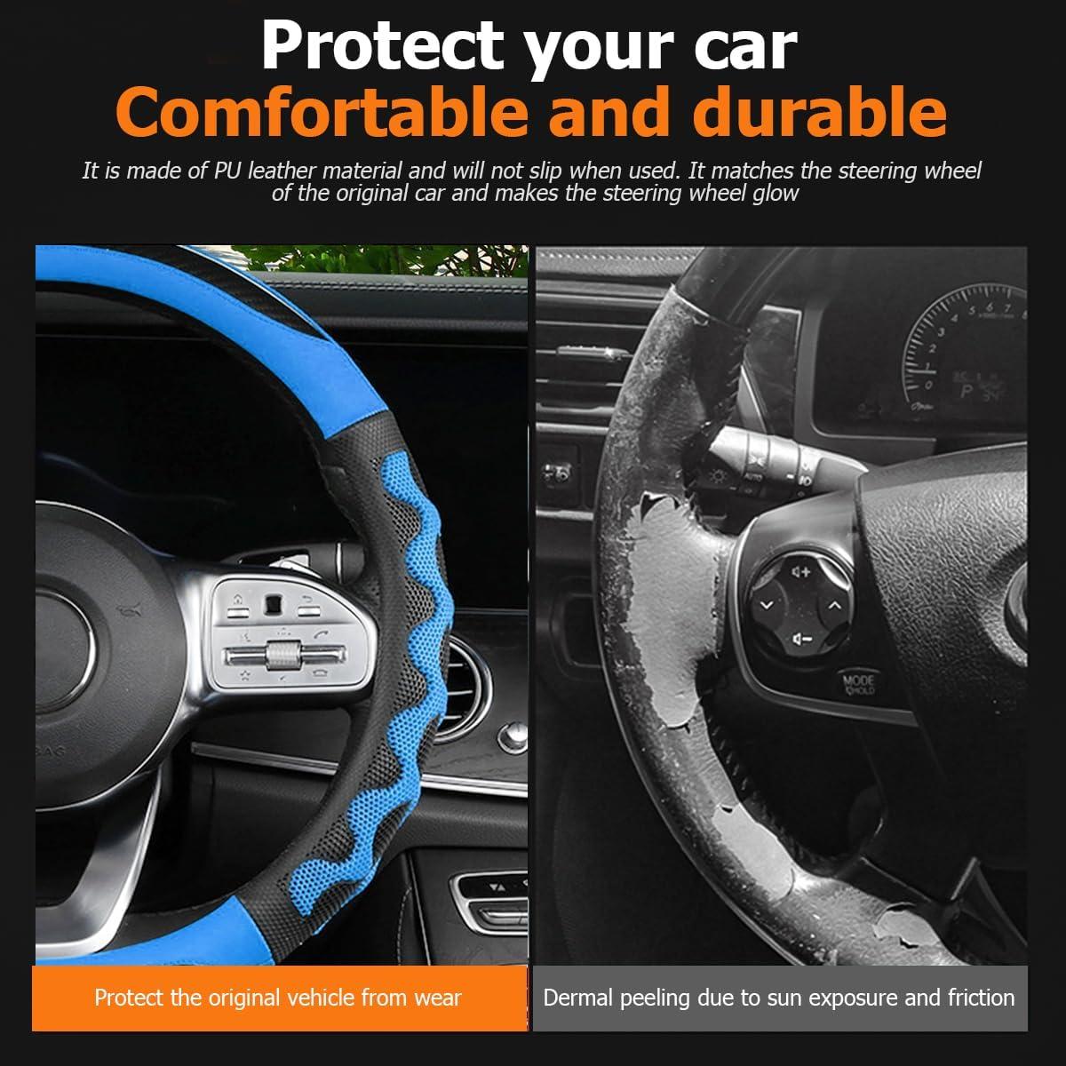 Cubierta de Volante de Coche Sandfren 38cm Cuero Transpirable Azul