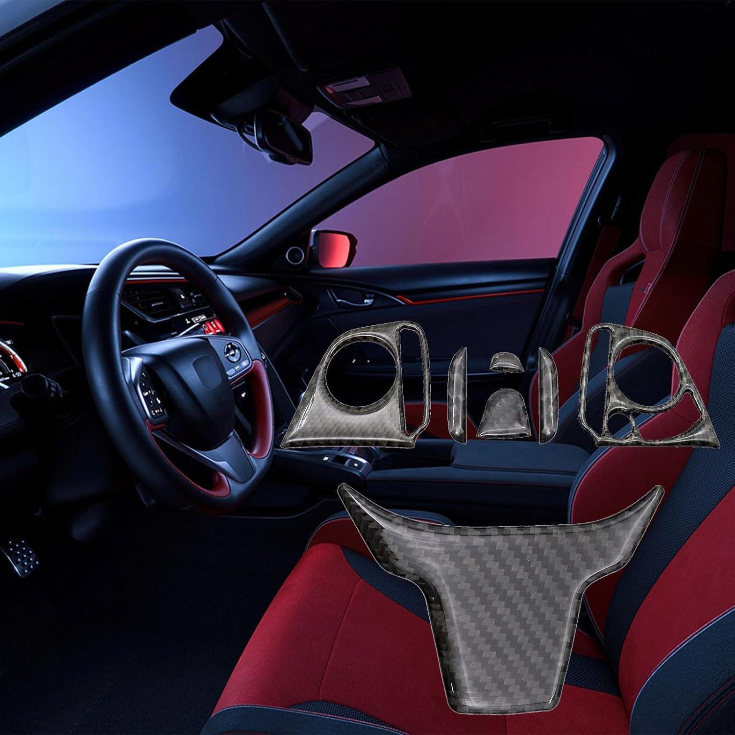 Cubiertas de Volante de Fibra de Carbono SecosAutoparts 7Pcs para Honda Civic 2016-2020