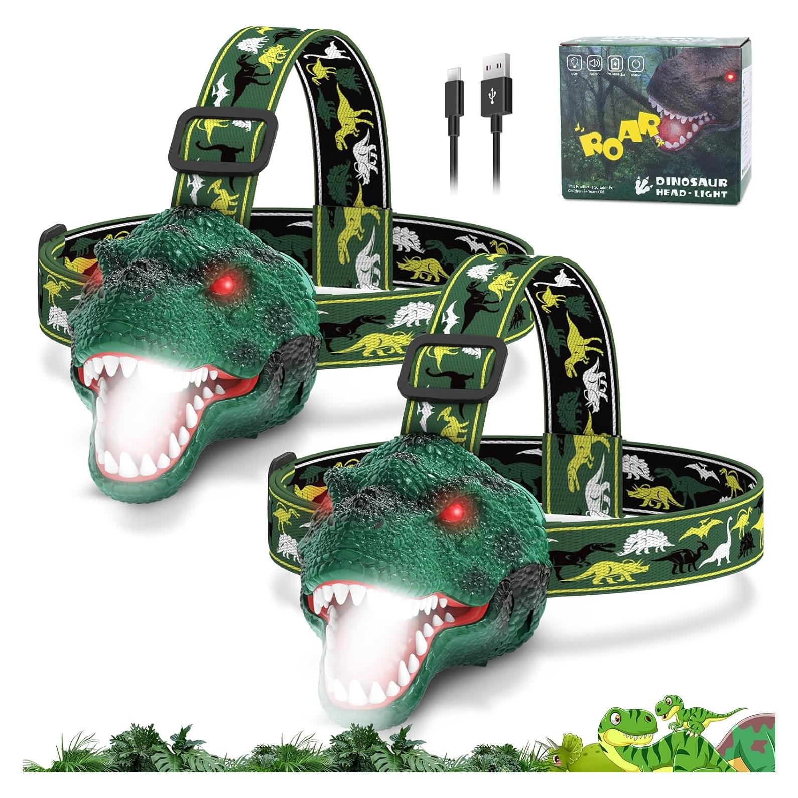 Dinosaur Headlamp for Kids Flashlight 2 Pack, Rechargeable Led Headlights Roar & Silent Mode, T-Rex Dinosaur Toys, Camping Gear, Gifts for Boys Girls Adults