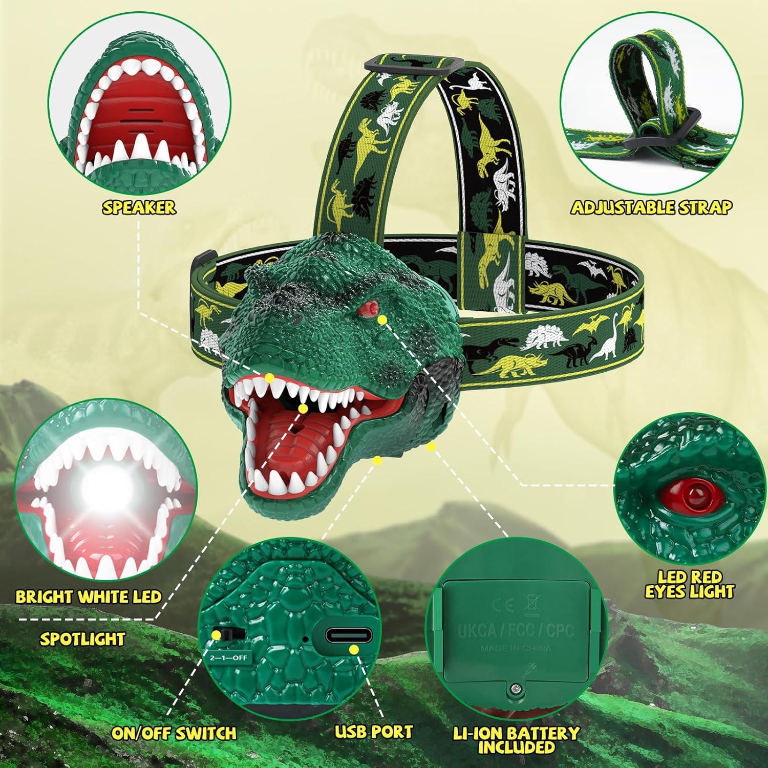 Dinosaur Headlamp for Kids Flashlight 2 Pack, Rechargeable Led Headlights Roar & Silent Mode, T-Rex Dinosaur Toys, Camping Gear, Gifts for Boys Girls Adults