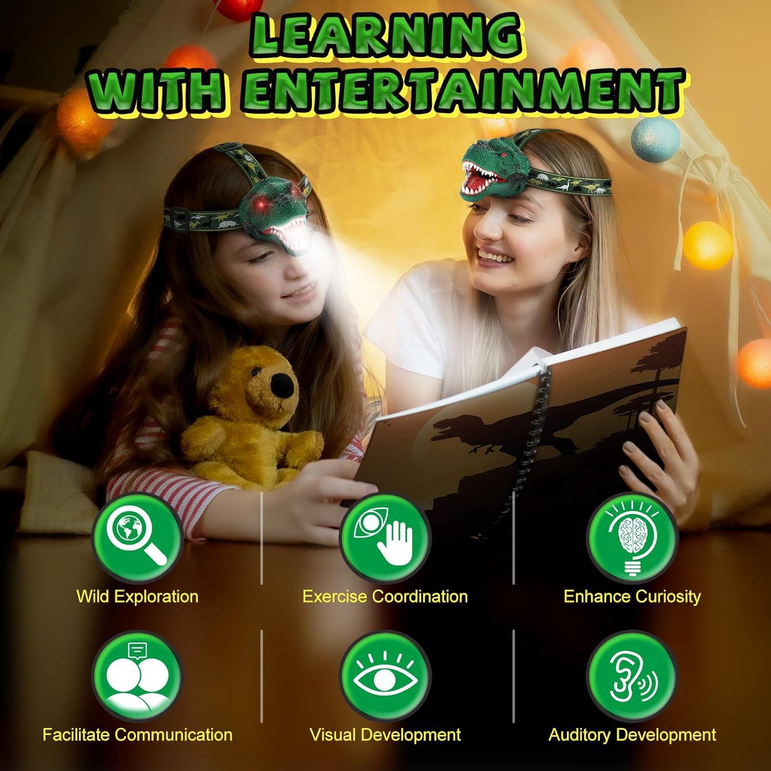 Dinosaur Headlamp for Kids Flashlight 2 Pack, Rechargeable Led Headlights Roar & Silent Mode, T-Rex Dinosaur Toys, Camping Gear, Gifts for Boys Girls Adults