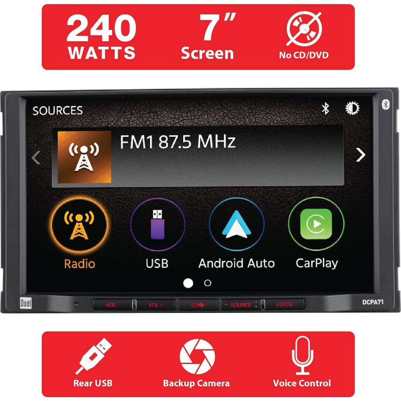 Estéreo Doble DIN Dual Electronics 7" con Carplay y Cámara