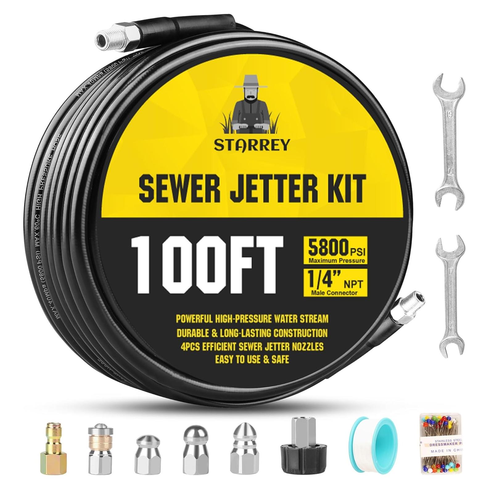 Kit Jetter de Drenaje STARREY 30.48m 5800PSI Manguera y Boquillas