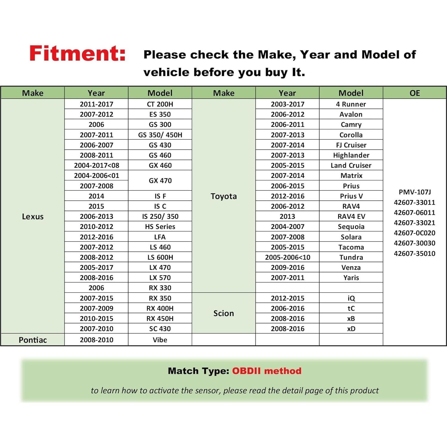 Sensor TPMS Marsflex 42607-33021 para Toyota y Lexus - Juego de 4