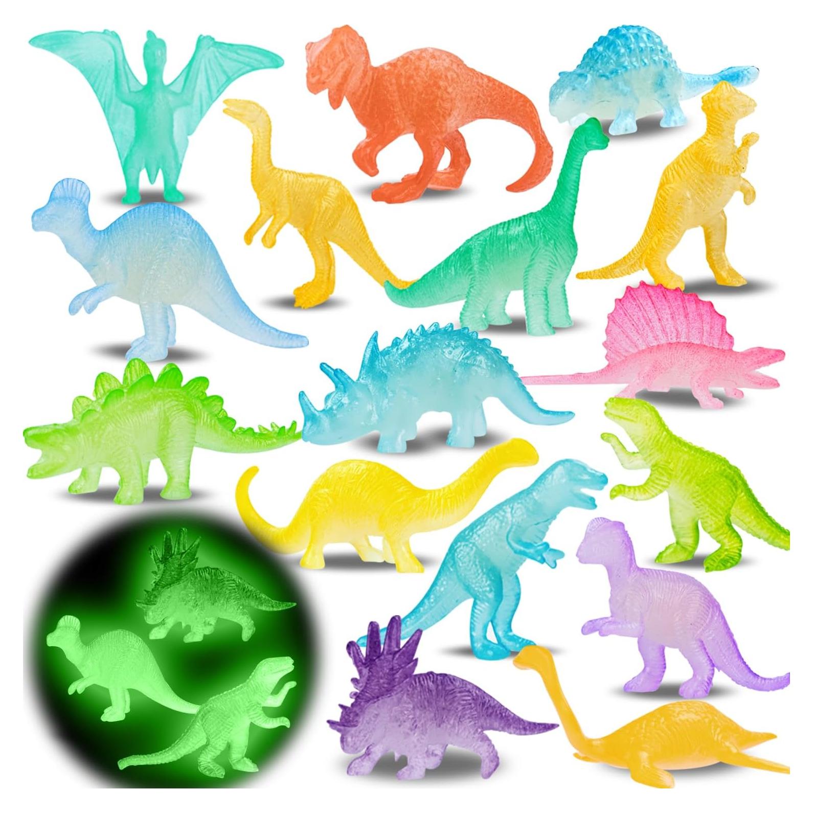 16PCS Glow in Dark Mini Dinosaur Figures for Kids Birthday Party Favors Supplies Dino Cupcake Topper Decoration Goodie Treat Bag Stuffers Pinata Fillers Treasure Carnival Prizes Small Bulk Toy Trinket