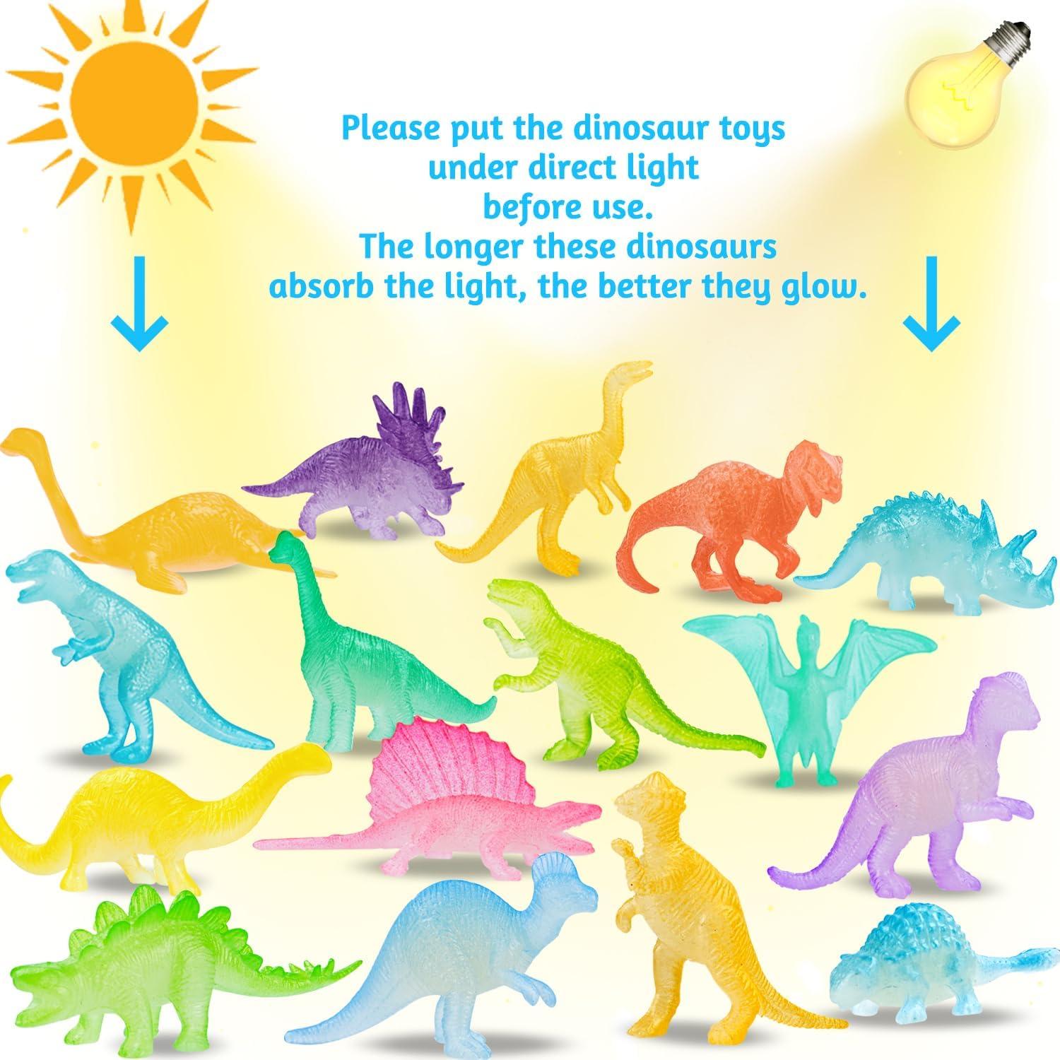 16PCS Glow in Dark Mini Dinosaur Figures for Kids Birthday Party Favors Supplies Dino Cupcake Topper Decoration Goodie Treat Bag Stuffers Pinata Fillers Treasure Carnival Prizes Small Bulk Toy Trinket