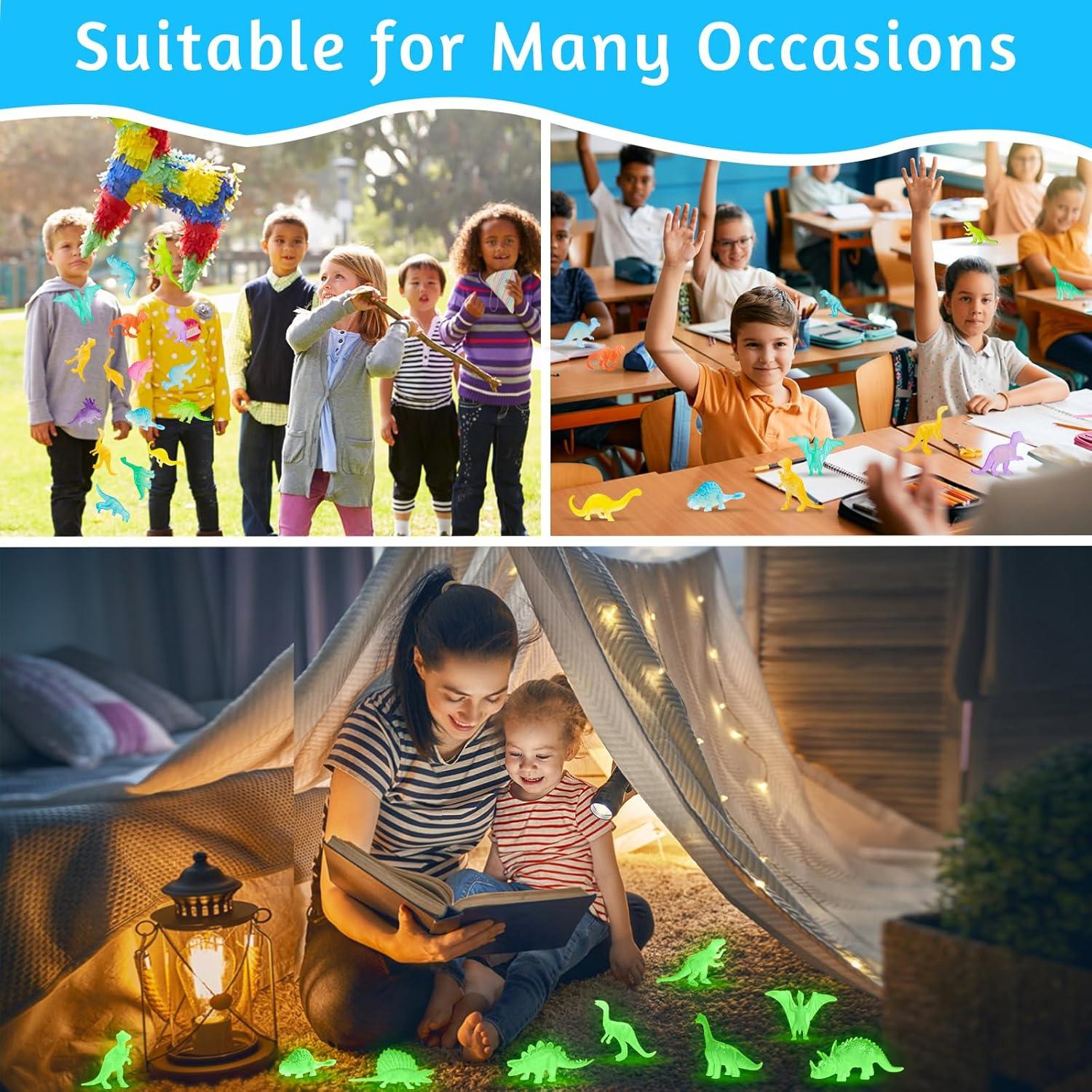 16PCS Glow in Dark Mini Dinosaur Figures for Kids Birthday Party Favors Supplies Dino Cupcake Topper Decoration Goodie Treat Bag Stuffers Pinata Fillers Treasure Carnival Prizes Small Bulk Toy Trinket