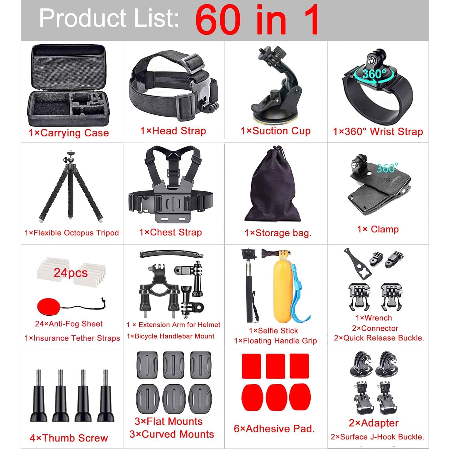 Kit 60 en 1 Accesorios para Cámara Black Pro Compatible GoPro