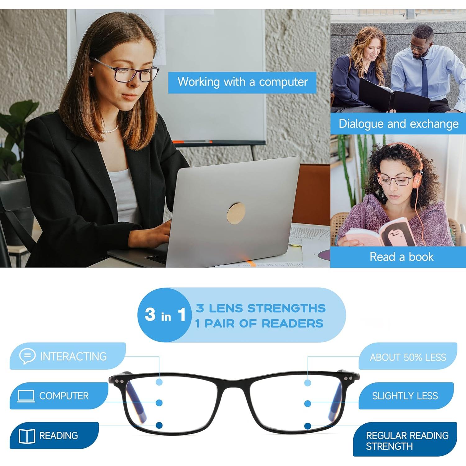 Gafas de lectura progresivas SKYOAK +1.5, bloqueo luz azul, negro