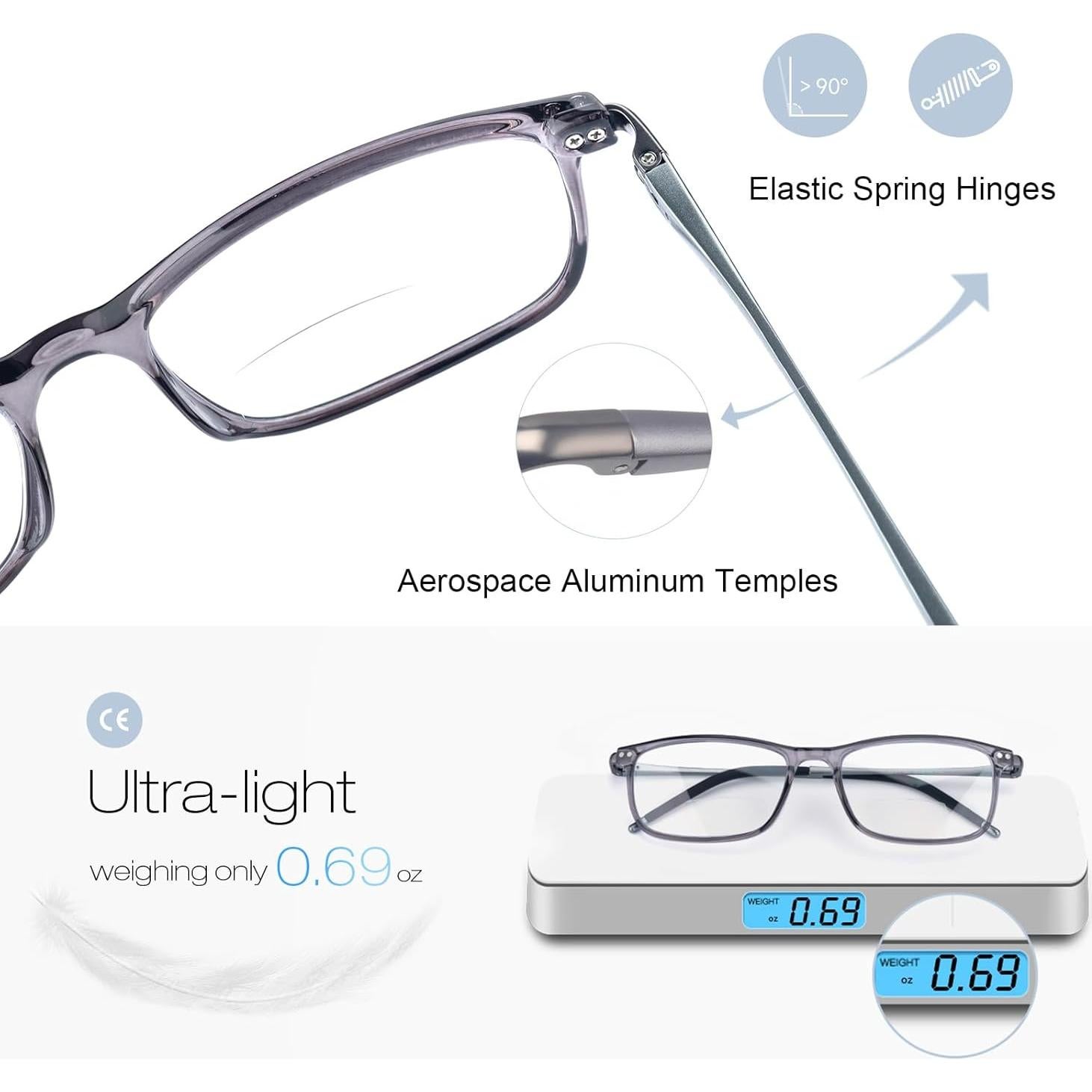 Gafas de lectura bifocal SKYOAK +2.25 gris con luz azul