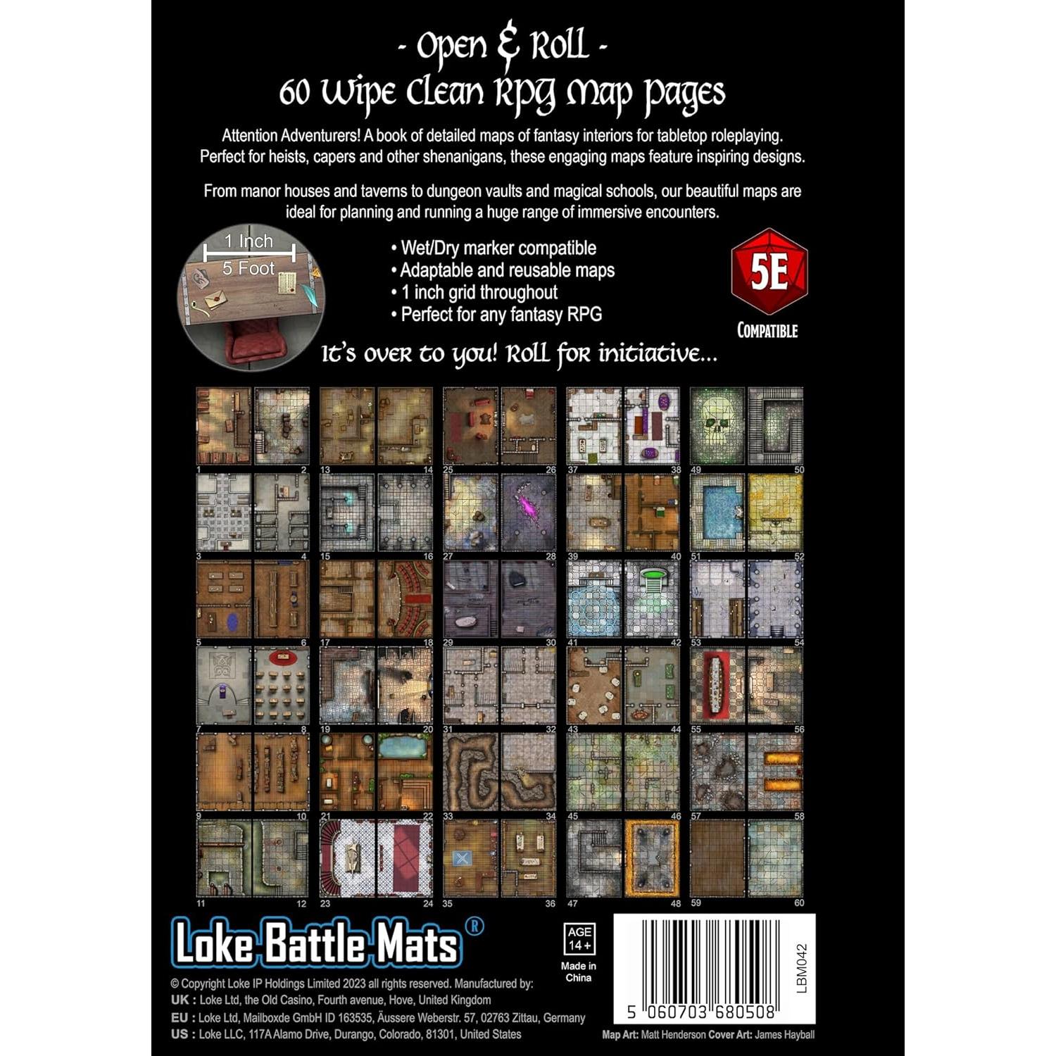 Libro de Mapas RPG Loke - 60 Mapas para 5E - Seguro para Marcadores