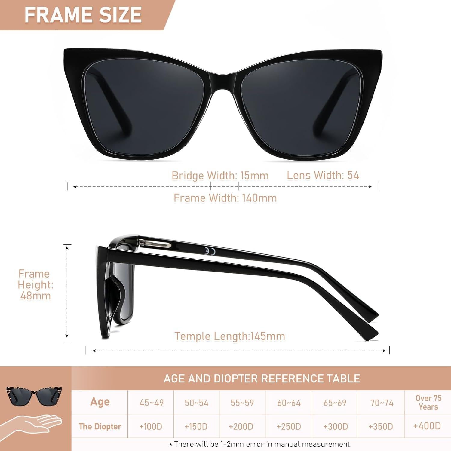 Gafas de lectura LKEYE estilo gato ojo 3.5D solar 2 piezas