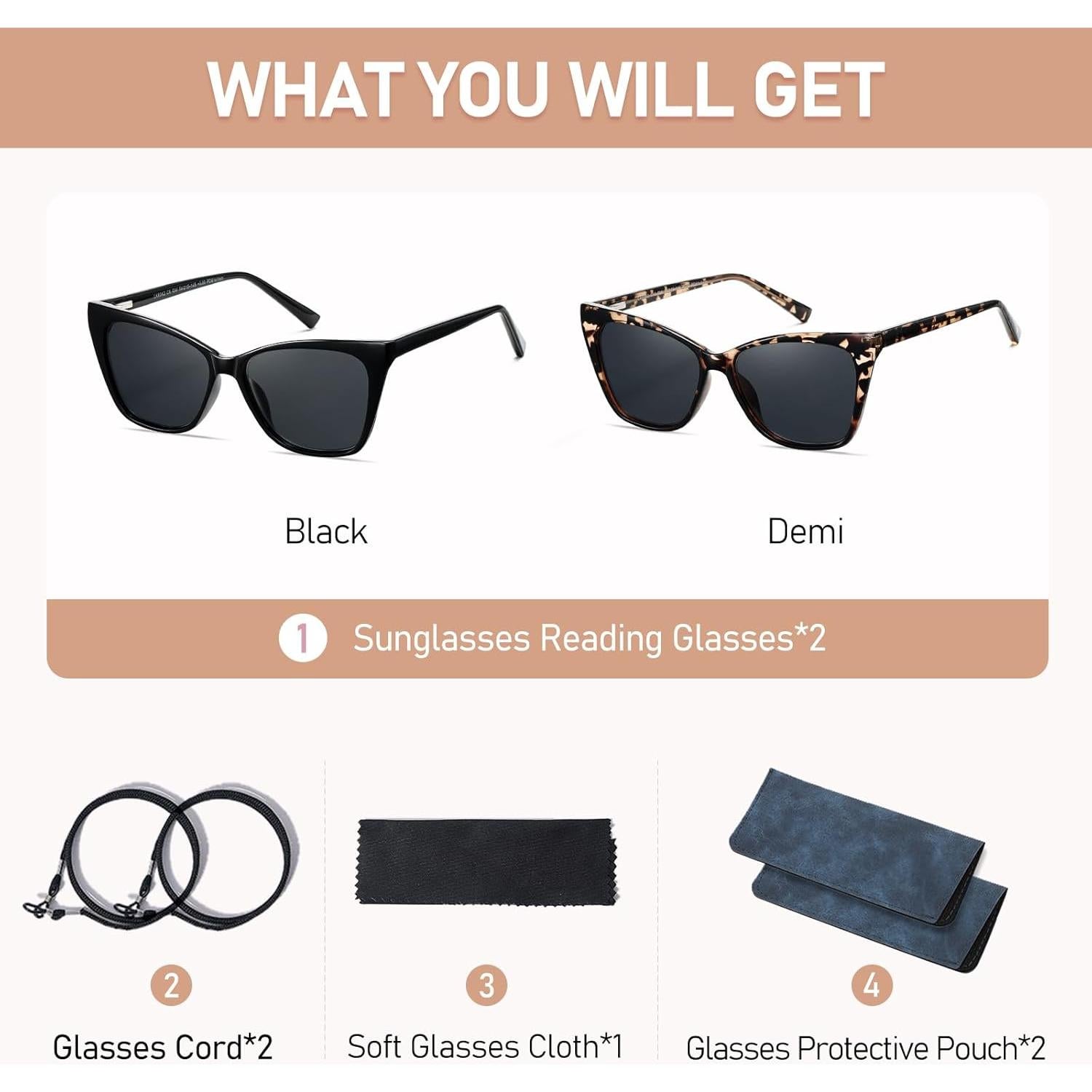 Gafas de lectura LKEYE estilo gato ojo 3.5D solar 2 piezas