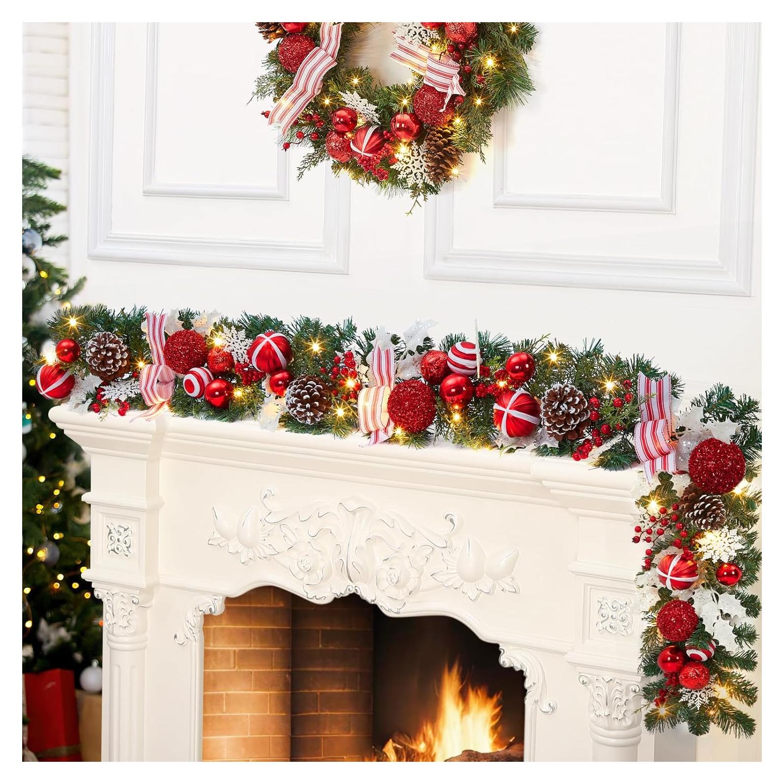 Guirnalda Navideña Iluminada GarveeHome 182 cm Rojo y Blanco