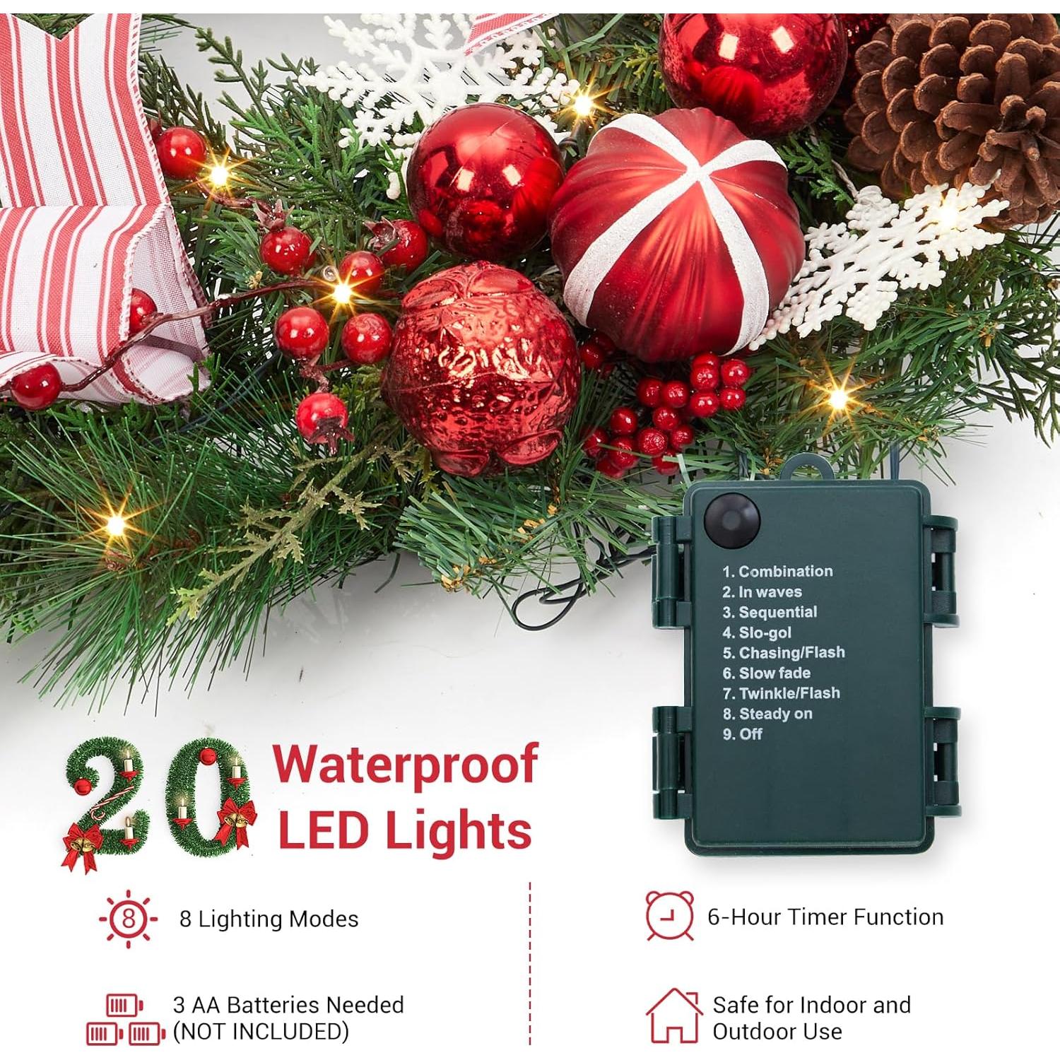 Guirnalda Navideña Iluminada GarveeHome 182 cm Rojo y Blanco