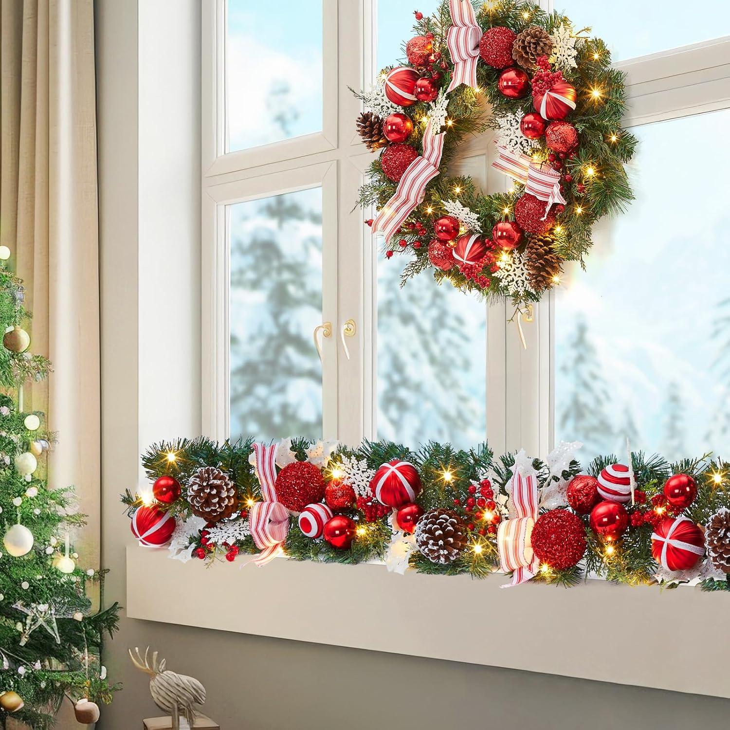 Guirnalda Navideña Iluminada GarveeHome 182 cm Rojo y Blanco