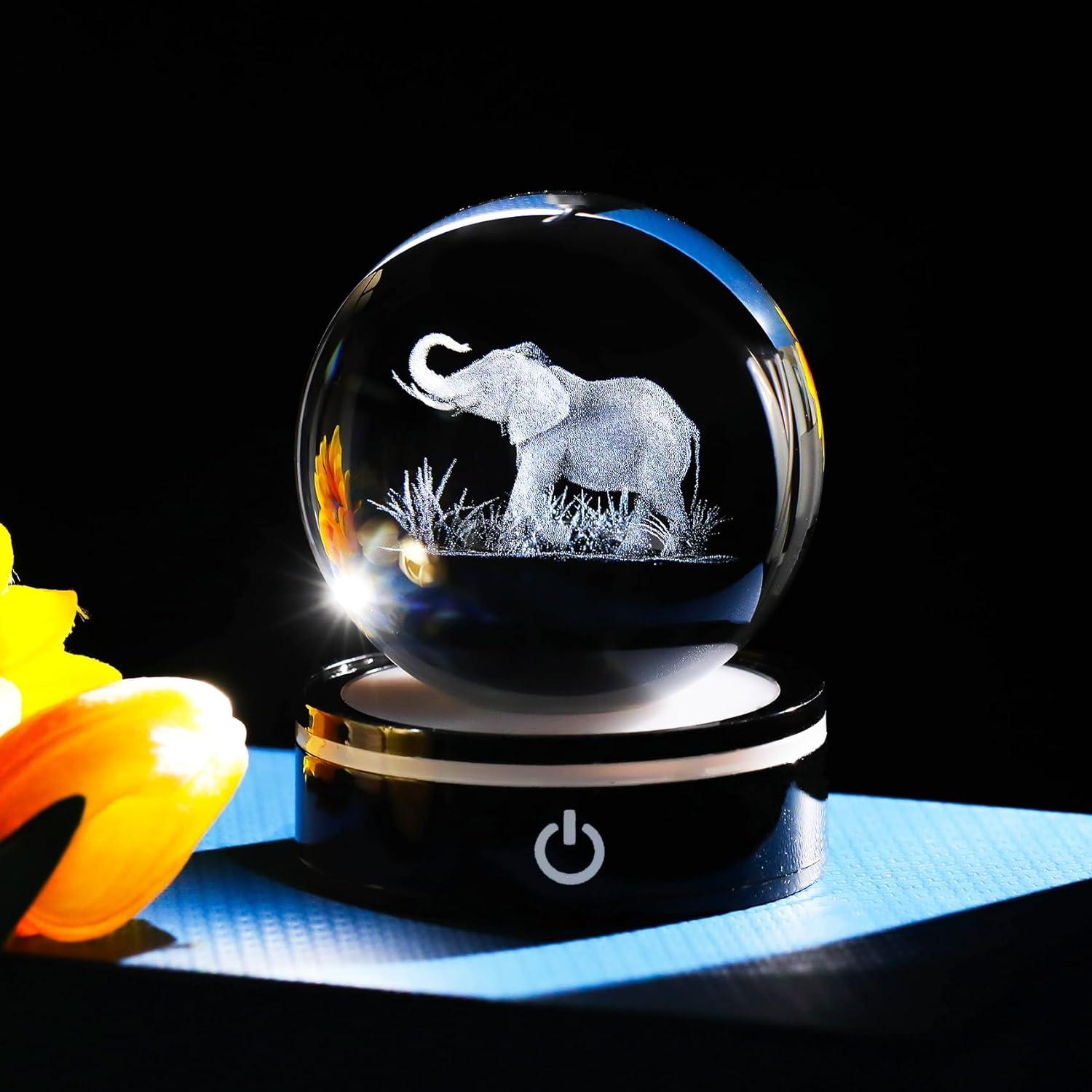 Bola de Cristal 3D Elefante YWHL con Base LED Colorida