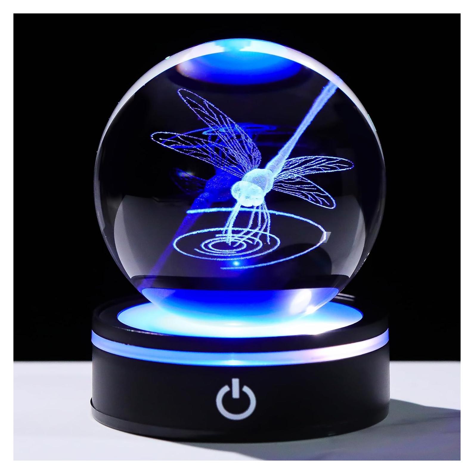 Esfera de Cristal Libélula YWHL con Base LED 8cm