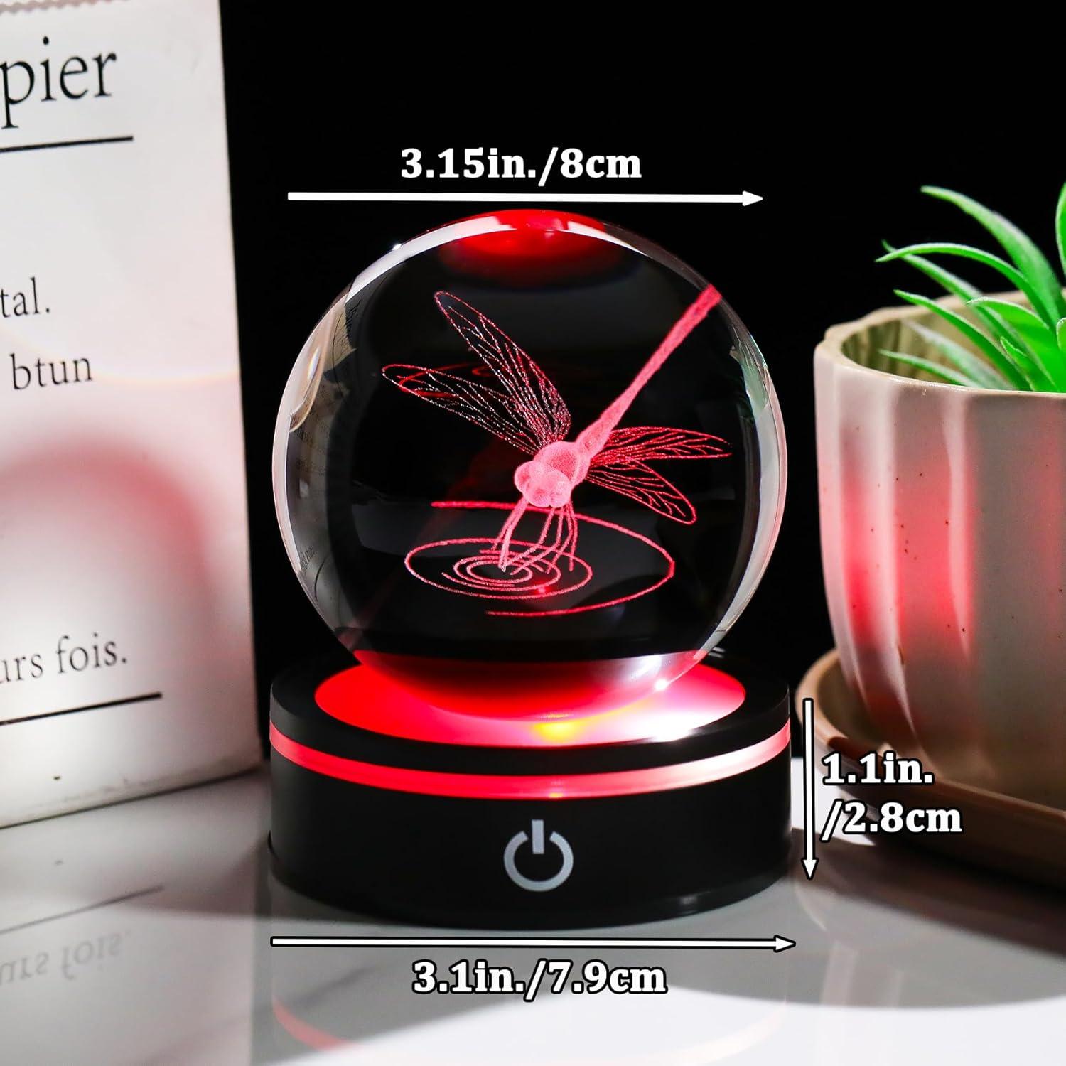 Esfera de Cristal Libélula YWHL con Base LED 8cm
