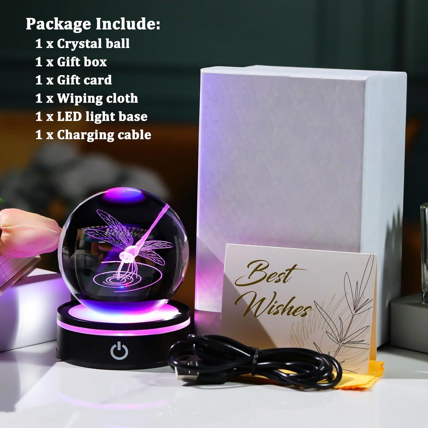 Esfera de Cristal Libélula YWHL con Base LED 8cm