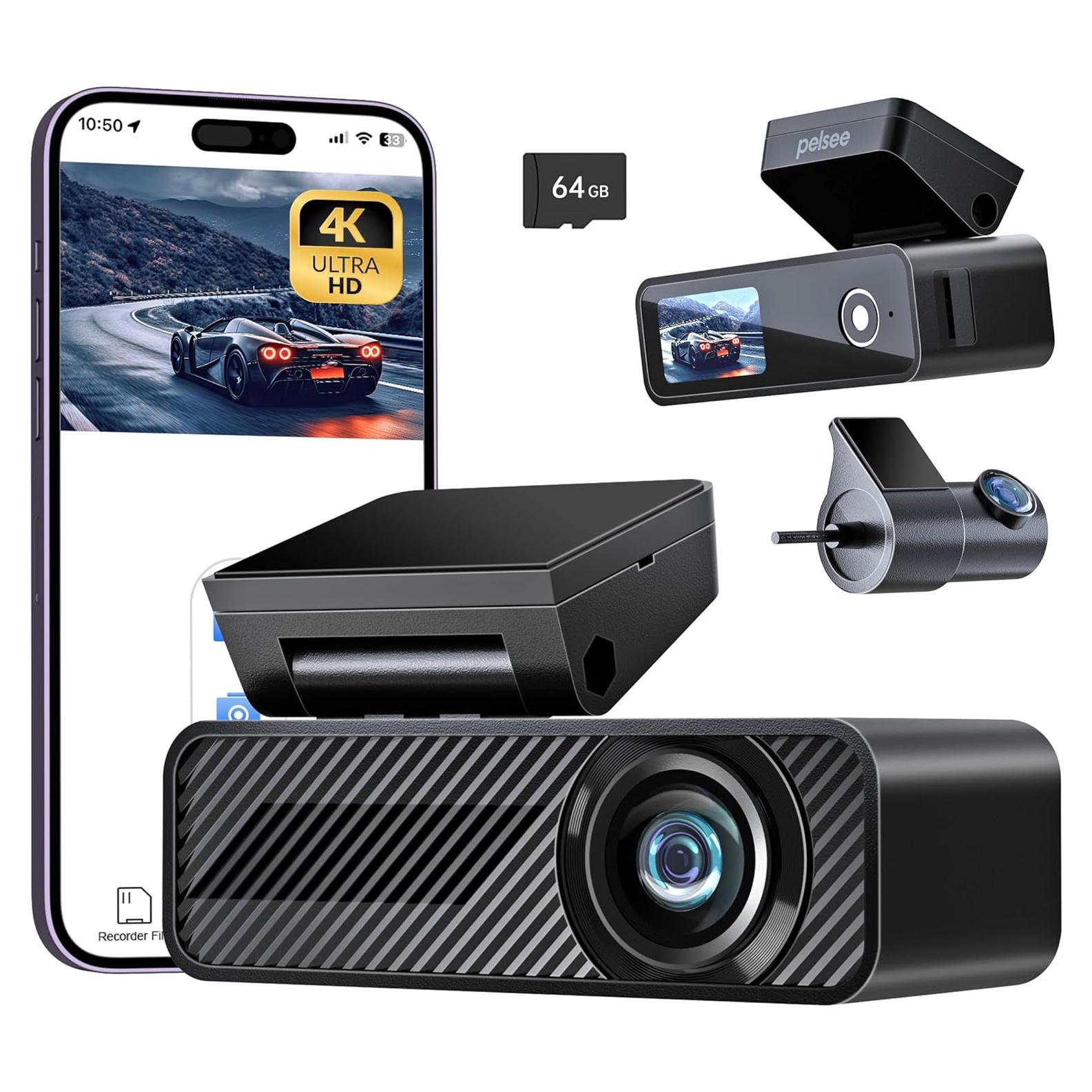 Pelsee P1 Duo 4K Dash Cam Front and Rear, 64GB SD Card, 4K+1080P Dual Dash Camera for Cars, Wi-Fi & App Control, 1.5’’IPS Display Car Camera, Voice Control, Night Vision, 24H Parking Mode, G-Sensor