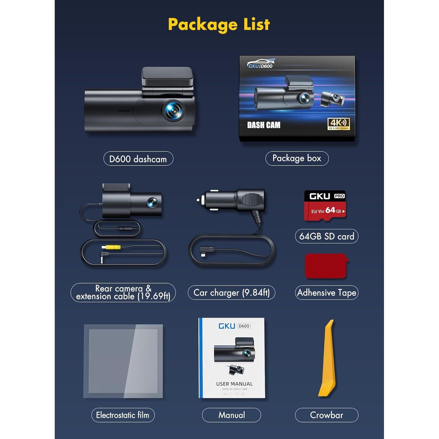 Cámara Dash GKU D600 Doble 4K+1080P con WiFi y G-Sensor